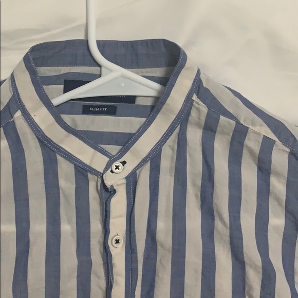 Striped Linen Shirt w/ Banded Collar - Picture 1 of 4